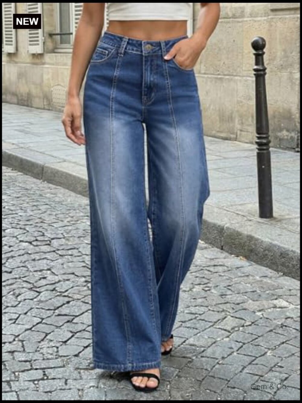 High Waisted Wide Leg Baggy Jeans Front Seam Denim Pants - Picture 5 of 6